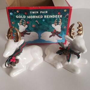 2 Porcelain Reindeer Gold Antlers Twin Pair Gold Horned Reindeer Xmas Decoration